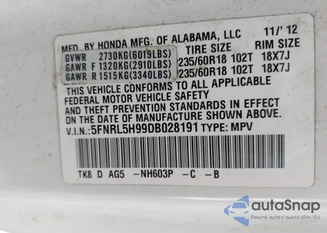2013 Honda Odyssey Touring/Touring Elite z USA, uszkodzony, nr VIN 5FNRL5H99DB028191